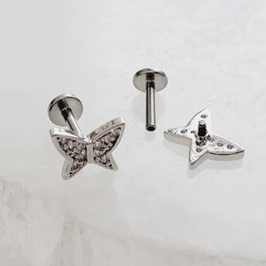 Pavé Butterfly Flat Back Studs • Diamond CZ Studs • Cartilage • Tragus • Comfort Studs • Internally Threaded • 16 Gauge • Cubic Zirconia