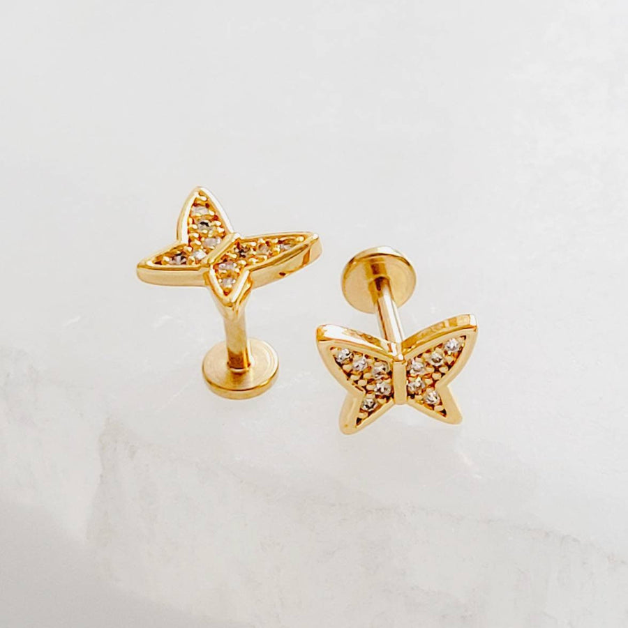 Pavé Butterfly Flat Back Studs • Diamond CZ Studs • Cartilage • Tragus • Comfort Studs • Internally Threaded • 16 Gauge • Cubic Zirconia