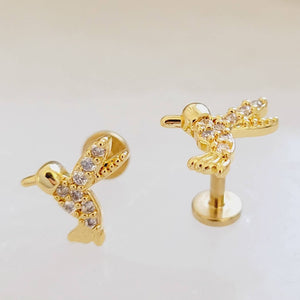 Cute Little Hummingbird Flat Back Studs • Sparkle Diamond CZ Body Jewelry • Internally Threaded • 16 Gauge • Comfort Studs • Sleep In