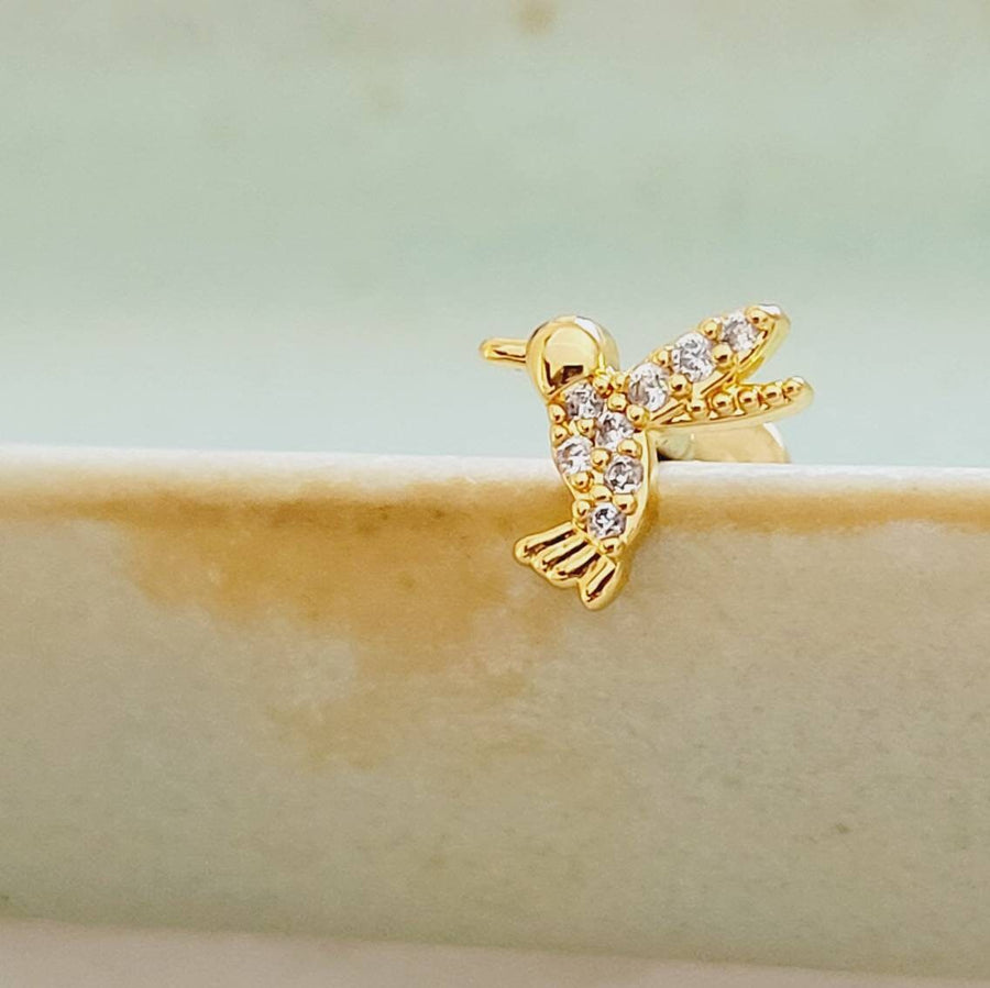 Cute Little Hummingbird Flat Back Studs • Sparkle Diamond CZ Body Jewelry • Internally Threaded • 16 Gauge • Comfort Studs • Sleep In