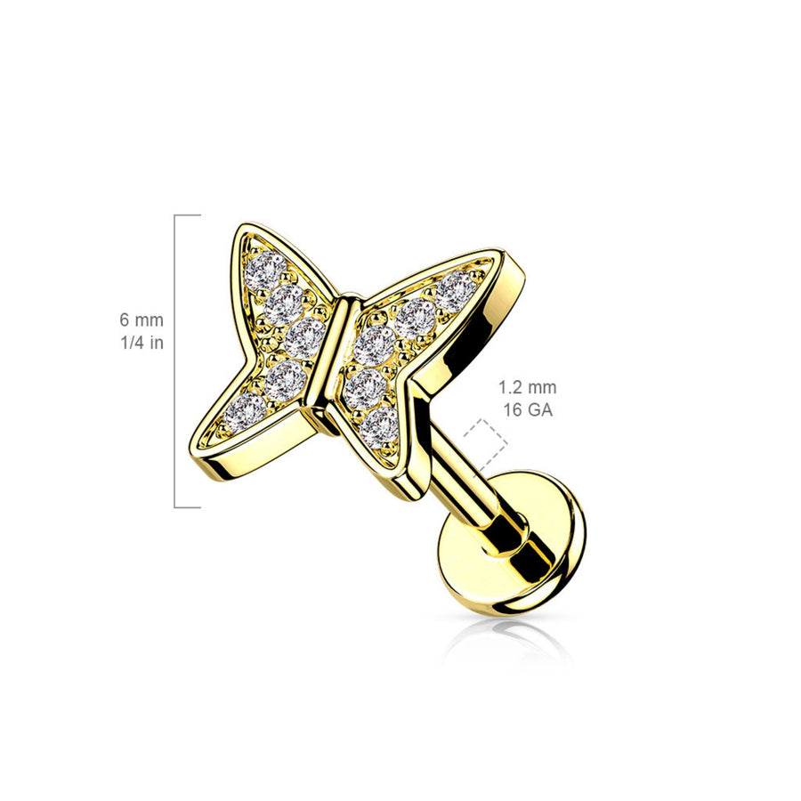 Pavé Butterfly Flat Back Studs • Diamond CZ Studs • Cartilage • Tragus • Comfort Studs • Internally Threaded • 16 Gauge • Cubic Zirconia