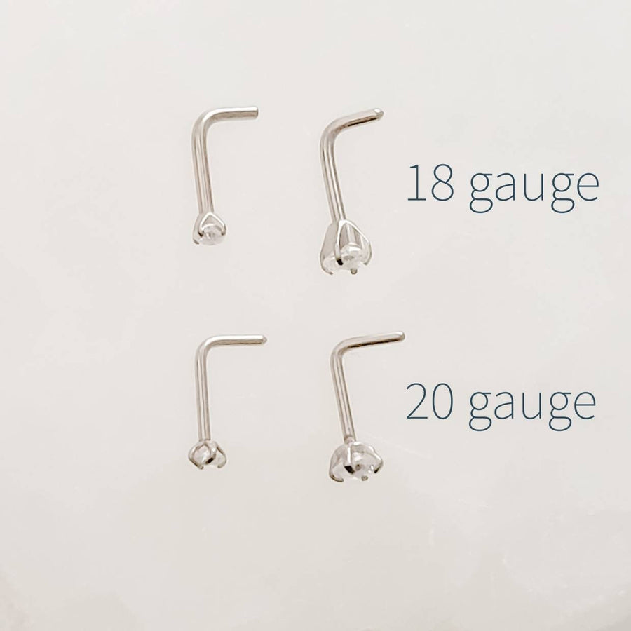 CZ Titanium L Bend Nose Stud • 18g or 20g • Implant Grade • 2mm and 3mm Prong Set Diamond CZ • Delicate Nose Stud • Dainty Stud •