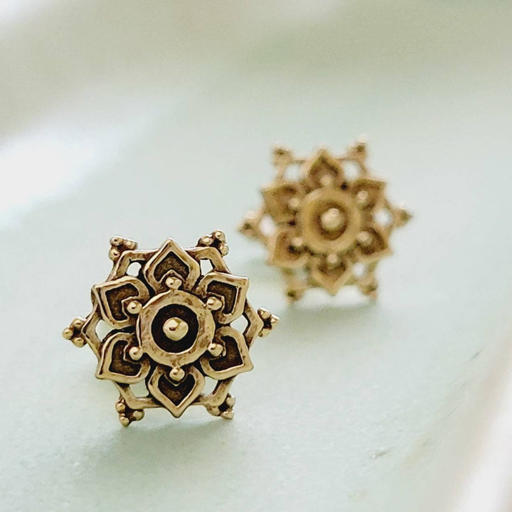 Golden Mandala Studs • Flower of Life • Bronze Earrings • Bohemian • Spiritual • Meditation • Delicate • Sacred Geometry • Zen Yoga Gift