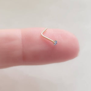 14k Gold & Aqua CZ Diamond Nose Stud • L-Bend Nose Stud • 20 Gauge • 14 Karat Gold • Minimalist Body Jewelry • Blue Stone • Prong Set