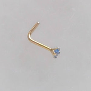 14k Gold & Aqua CZ Diamond Nose Stud • L-Bend Nose Stud • 20 Gauge • 14 Karat Gold • Minimalist Body Jewelry • Blue Stone • Prong Set