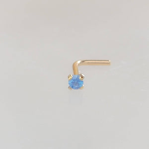 14k Gold & Aqua CZ Diamond Nose Stud • L-Bend Nose Stud • 20 Gauge • 14 Karat Gold • Minimalist Body Jewelry • Blue Stone • Prong Set