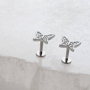 Pavé Butterfly Flat Back Studs • Diamond CZ Studs • Cartilage • Tragus • Comfort Studs • Internally Threaded • 16 Gauge • Cubic Zirconia