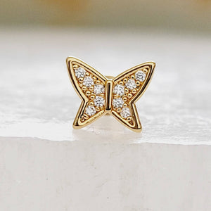 Pavé Butterfly Flat Back Studs • Diamond CZ Studs • Cartilage • Tragus • Comfort Studs • Internally Threaded • 16 Gauge • Cubic Zirconia