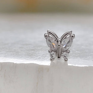 Diamond CZ Butterfly studs in 316L Surgical steel shown on white background. Screw-in, flat-back nap studs by Studio Blue on Etsy