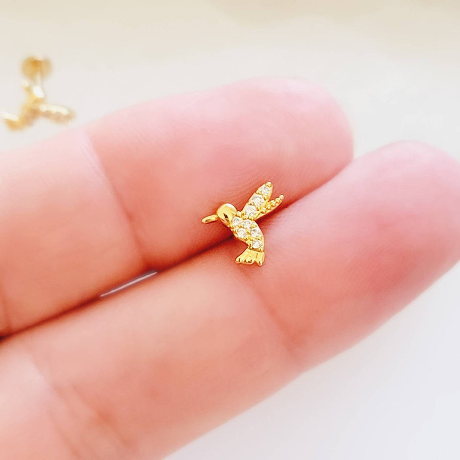 Cute Little Hummingbird Flat Back Studs • Sparkle Diamond CZ Body Jewelry • Internally Threaded • 16 Gauge • Comfort Studs • Sleep In