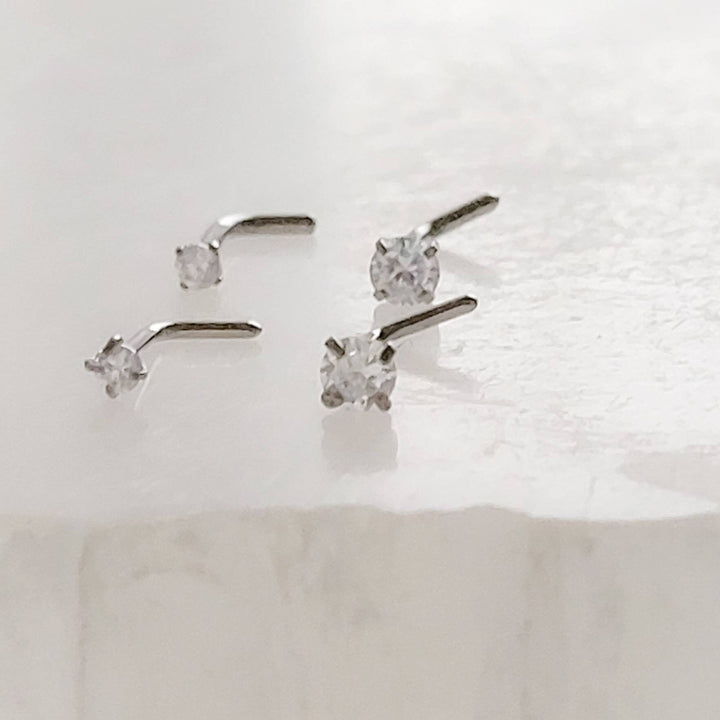 CZ Titanium L Bend Nose Stud • 18g or 20g • Implant Grade • 2mm and 3mm Prong Set Diamond CZ • Delicate Nose Stud • Dainty Stud •