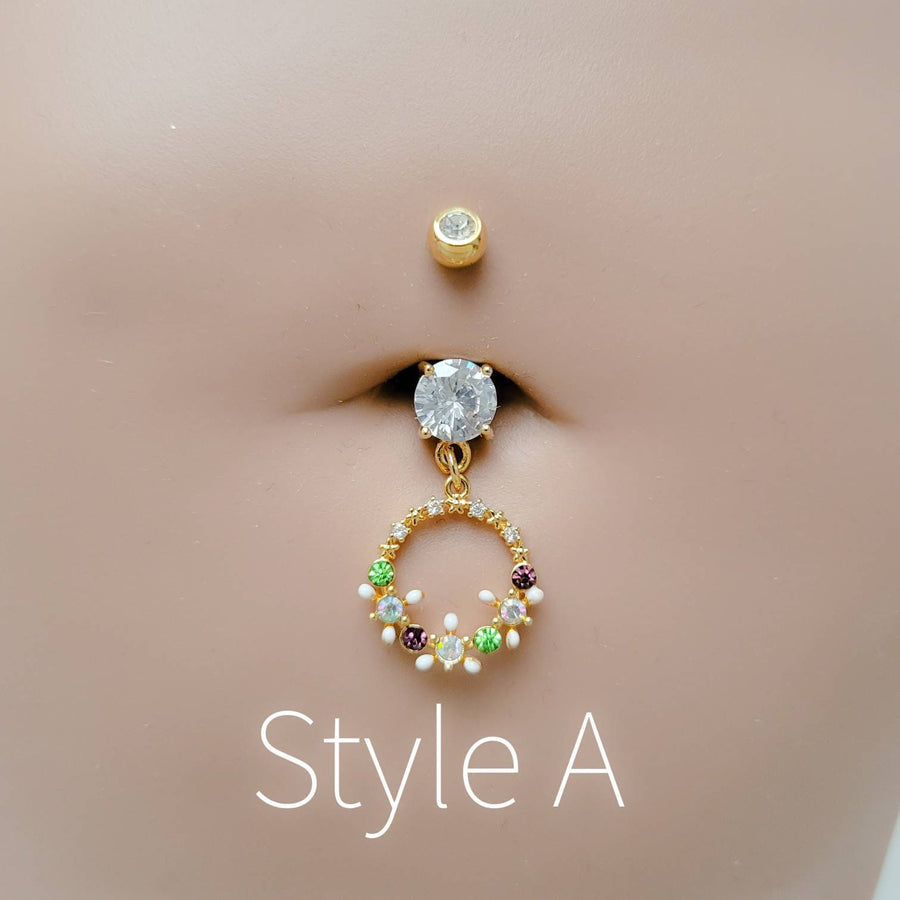 Flower Belly Ring • Floral Circle Dangle • Pastel Flowers • 14 Gauge • Body Jewelry • Floral Belly Ring • Navel Ring • Belly Button Piercing