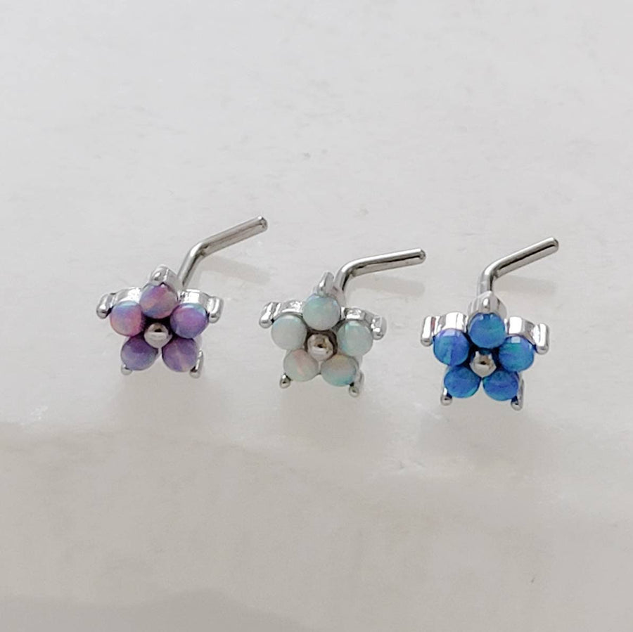 Pretty Opal Flower Nose Stud • L Bend • Surgical Steel • Iridescent Opals • Tiny Opal Flower • 20 Gauge • Nose Piercing • Body Jewelry