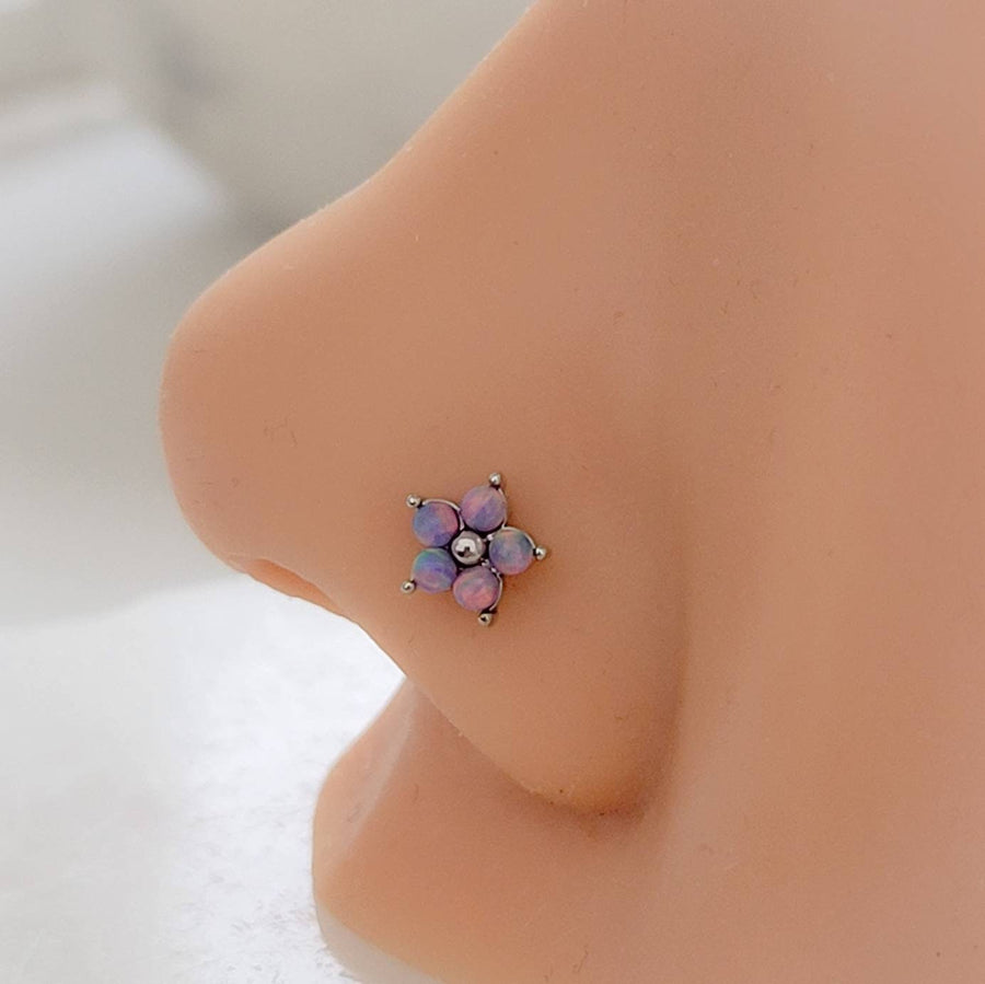 Pretty Opal Flower Nose Stud • L Bend • Surgical Steel • Iridescent Opals • Tiny Opal Flower • 20 Gauge • Nose Piercing • Body Jewelry