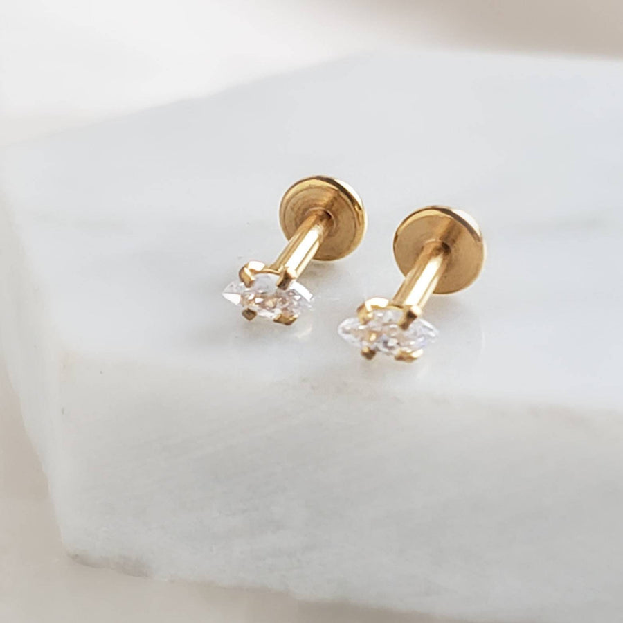 Screw in flat back studs in 14k gold plated 316L surgical steel prong set with tiny marquise-shaped diamond cz by Studio Blue on Etsy