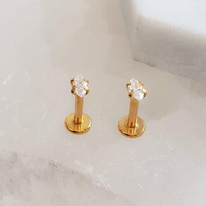 Screw in flat back studs in 14k gold plated 316L surgical steel prong set with tiny marquise-shaped diamond cz by Studio Blue on Etsy