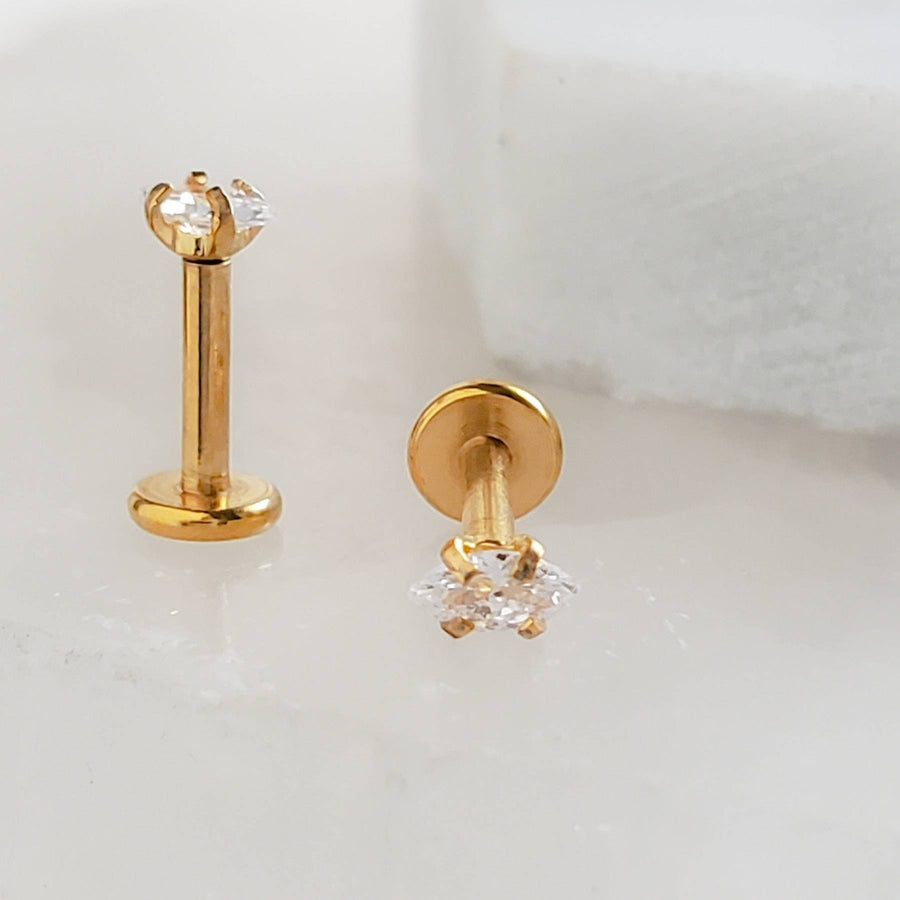 Screw in flat back studs in 14k gold plated 316L surgical steel prong set with tiny marquise-shaped diamond cz by Studio Blue on Etsy