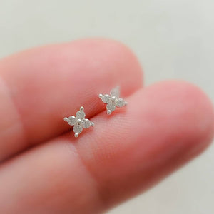 Dainty stud earrings with 4 tiny round diamond CZs bead set in Sterling Silver