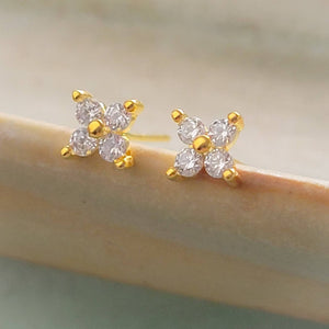 Dainty stud earrings with 4 tiny round diamond CZs bead set in 14k gold vermeil