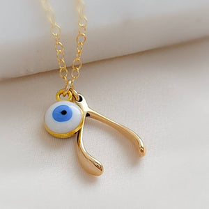 Wishbone & Evil Eye Necklace • Protection Amulets • Gold Wishbone Charm • Personalized Evil Eye Necklace • Good Luck Charms • Make A Wish