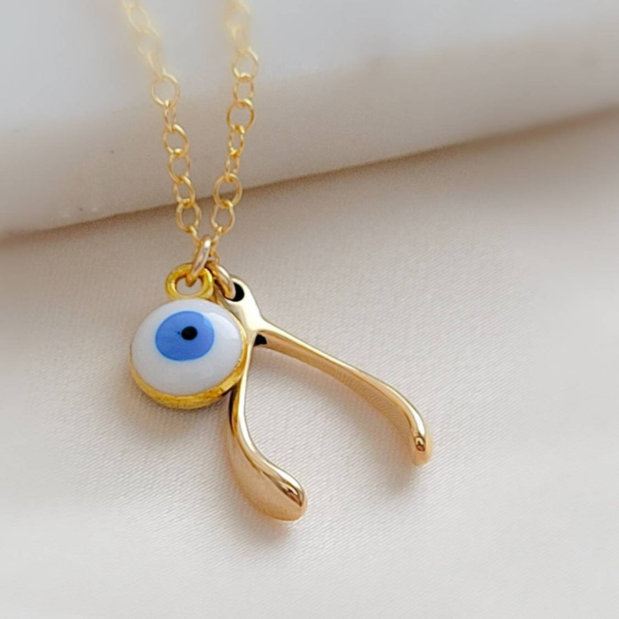 Wishbone & Evil Eye Necklace • Protection Amulets • Gold Wishbone Charm • Personalized Evil Eye Necklace • Good Luck Charms • Make A Wish