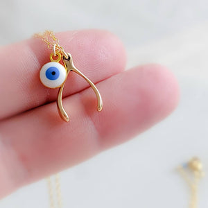 Wishbone & Evil Eye Necklace • Protection Amulets • Gold Wishbone Charm • Personalized Evil Eye Necklace • Good Luck Charms • Make A Wish