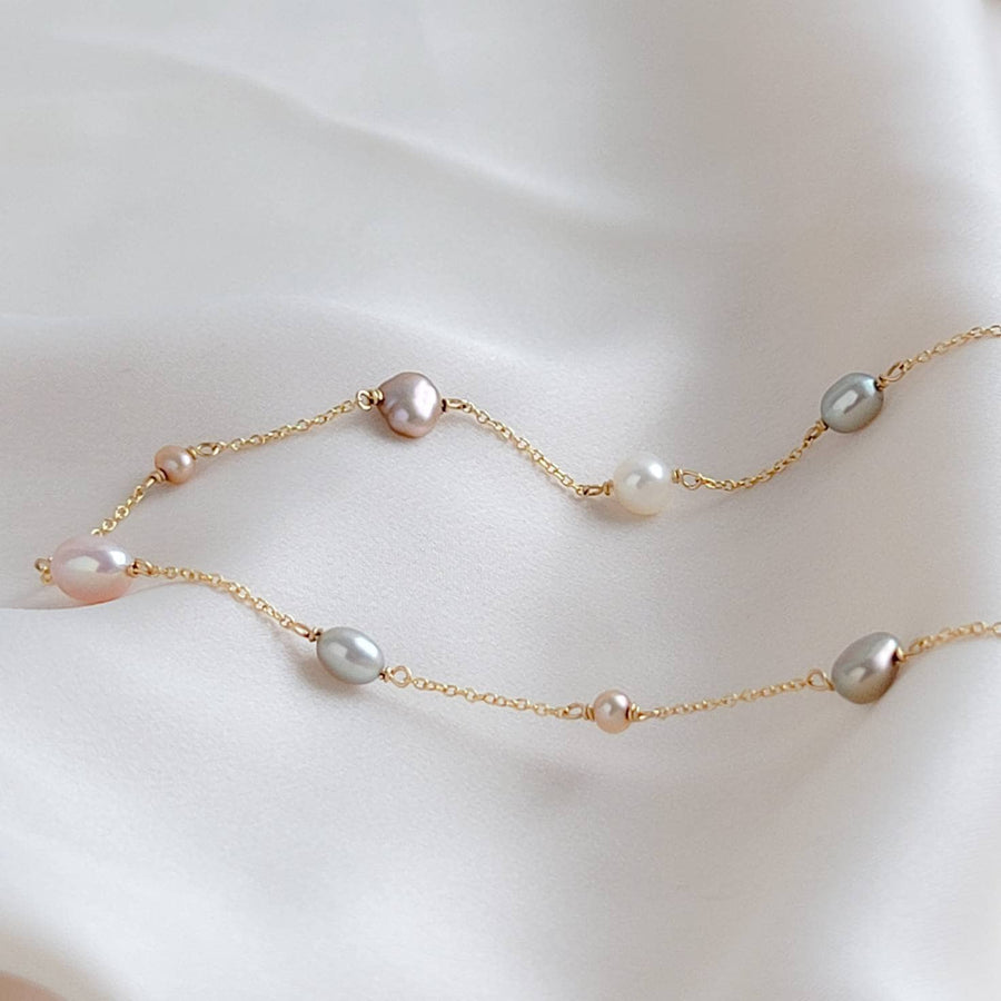 Multi Pearl Station Necklace • Mixed Pearls On A Delicate Chain • Dainty Colored Pearl necklace • Bridesmaid gift • Small Freshwater Pearls