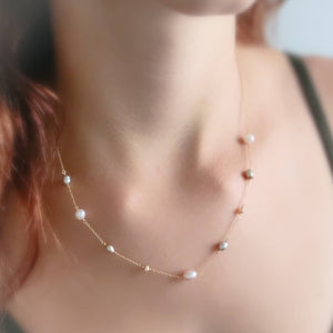 Multi Pearl Station Necklace • Mixed Pearls On A Delicate Chain • Dainty Colored Pearl necklace • Bridesmaid gift • Small Freshwater Pearls