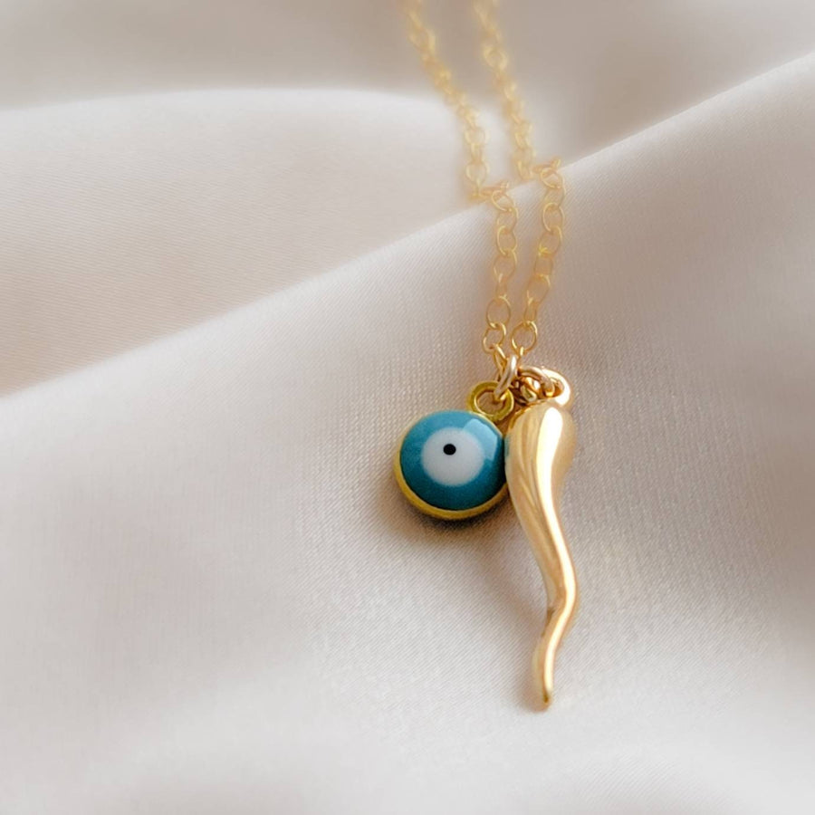 Italian Horn & Evil Eye Necklace • Protection Amulets • Dainty Layering Necklace • Gold Italian Horn • Lucky Charms • Waterproof Necklace