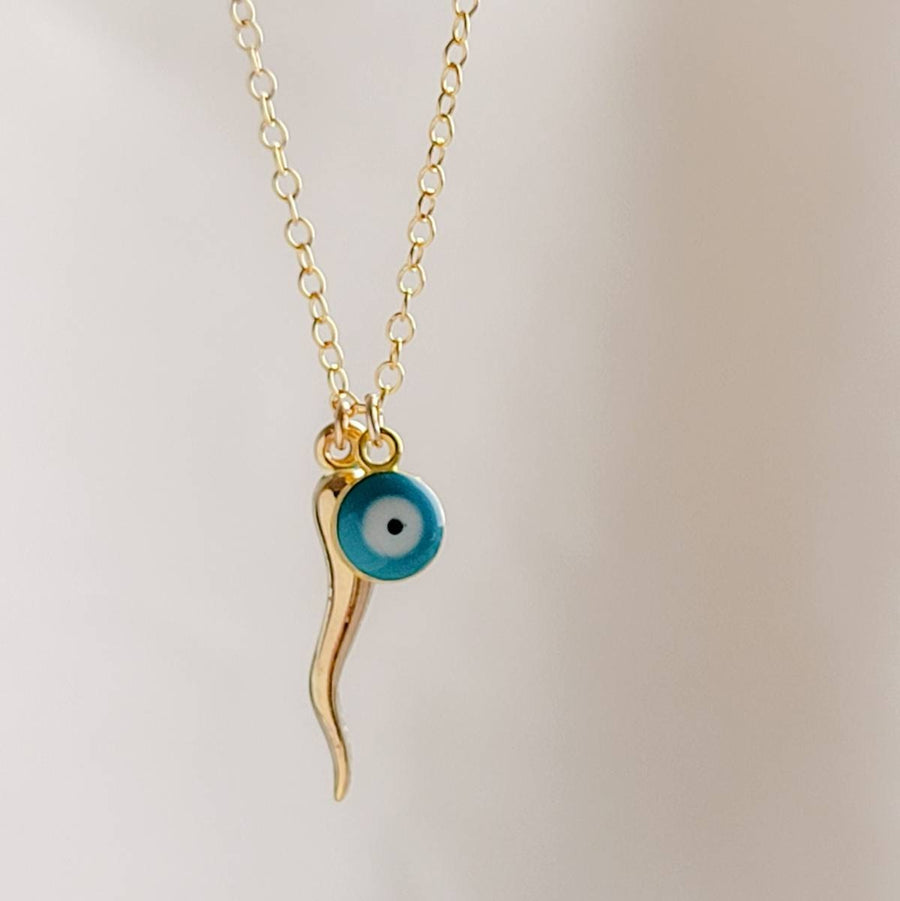 Italian Horn & Evil Eye Necklace • Protection Amulets • Dainty Layering Necklace • Gold Italian Horn • Lucky Charms • Waterproof Necklace