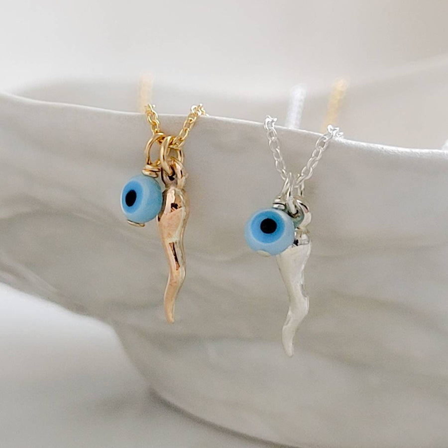 Tiny Italian Horn & Evil Eye Necklace • Good Luck Charms • Gold Italian Horn • Nazar Necklace • BFF Gift • Protection Amulets • Good Vibes