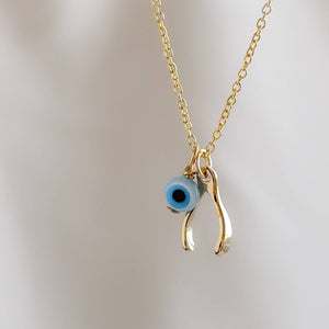 Tiny Wishbone & Evil Eye Necklace • Double Lucky Jewelry • Dainty Evil Eye Charm • Nazar Necklace • Protection Amulet • Lucky Wishbone