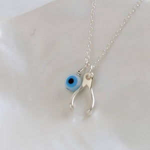 Tiny Wishbone & Evil Eye Necklace • Double Lucky Jewelry • Dainty Evil Eye Charm • Nazar Necklace • Protection Amulet • Lucky Wishbone