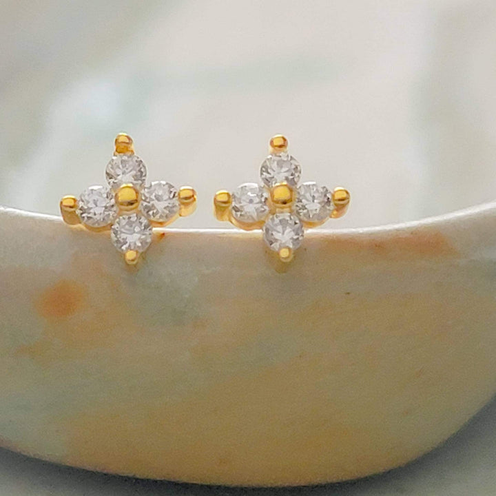 Dainty stud earrings with 4 tiny round diamond CZs bead set in 14k gold vermeil