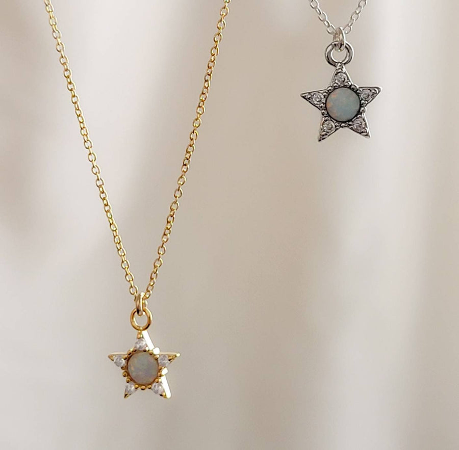 Opal Star Necklace • Dainty Layering Necklace • Celestial Jewelry • October Birthday Gift • CZ Diamond Accents