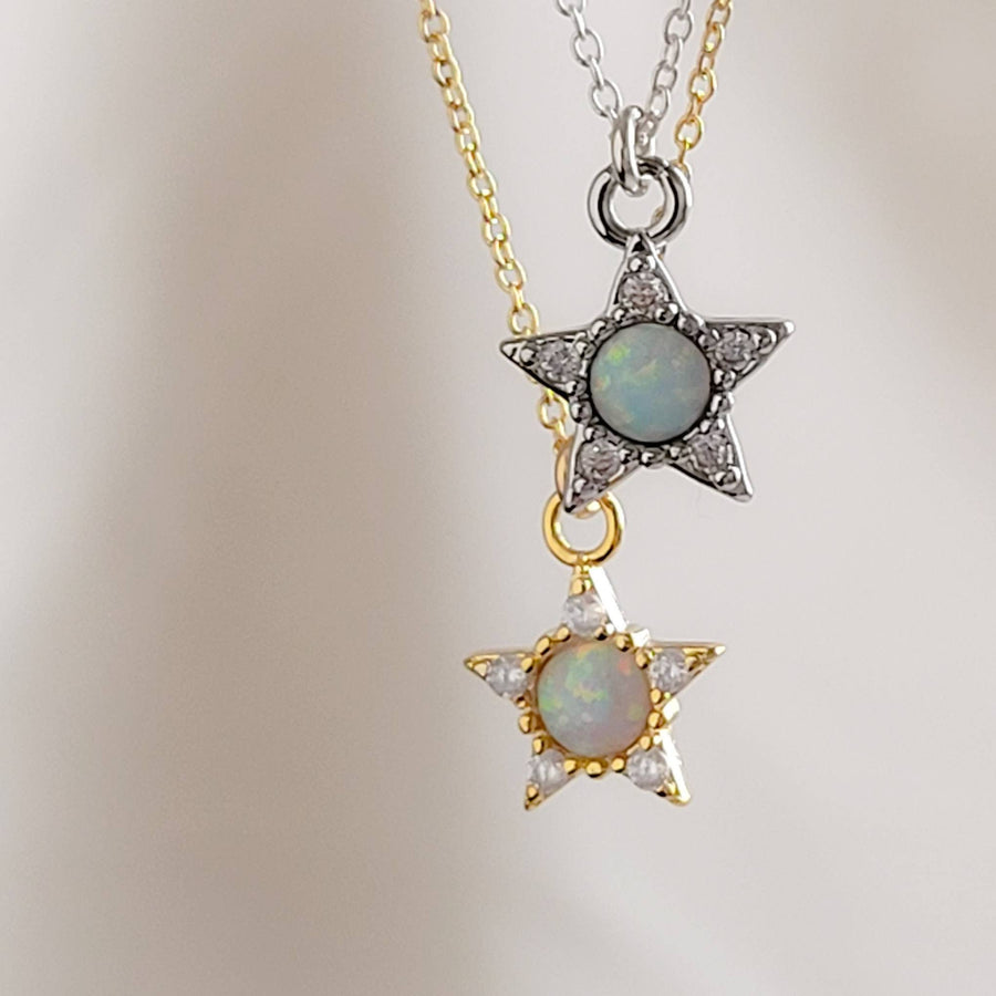 Opal Star Necklace • Dainty Layering Necklace • Celestial Jewelry • October Birthday Gift • CZ Diamond Accents