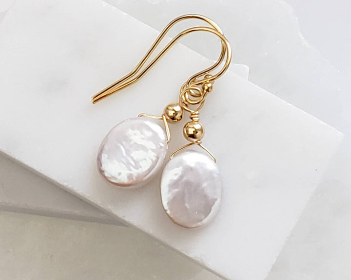 Dainty Coin Pearl Earrings • Delicate Pearl Drops • Oval Coin Pearl Earrings • White Freshwater Pearls • Bridesmaid Gift