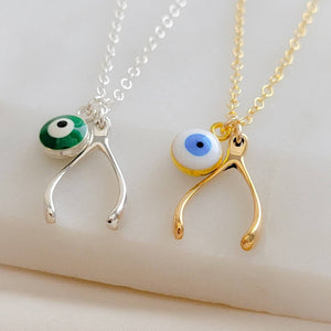 Wishbone & Evil Eye Necklace • Protection Amulets • Gold Wishbone Charm • Personalized Evil Eye Necklace • Good Luck Charms • Make A Wish