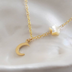 Tiny Crescent Moon & Star Necklace • Dainty Celestial Jewelry • North Star • Mother of Pearl Star • Symbol of Fertility • Gold Crescent Moon