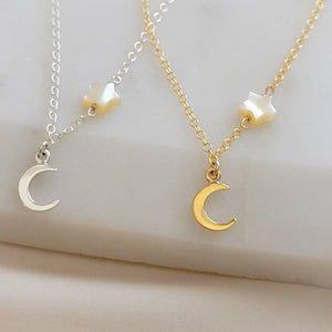 Tiny Crescent Moon & Star Necklace • Dainty Celestial Jewelry • North Star • Mother of Pearl Star • Symbol of Fertility • Gold Crescent Moon