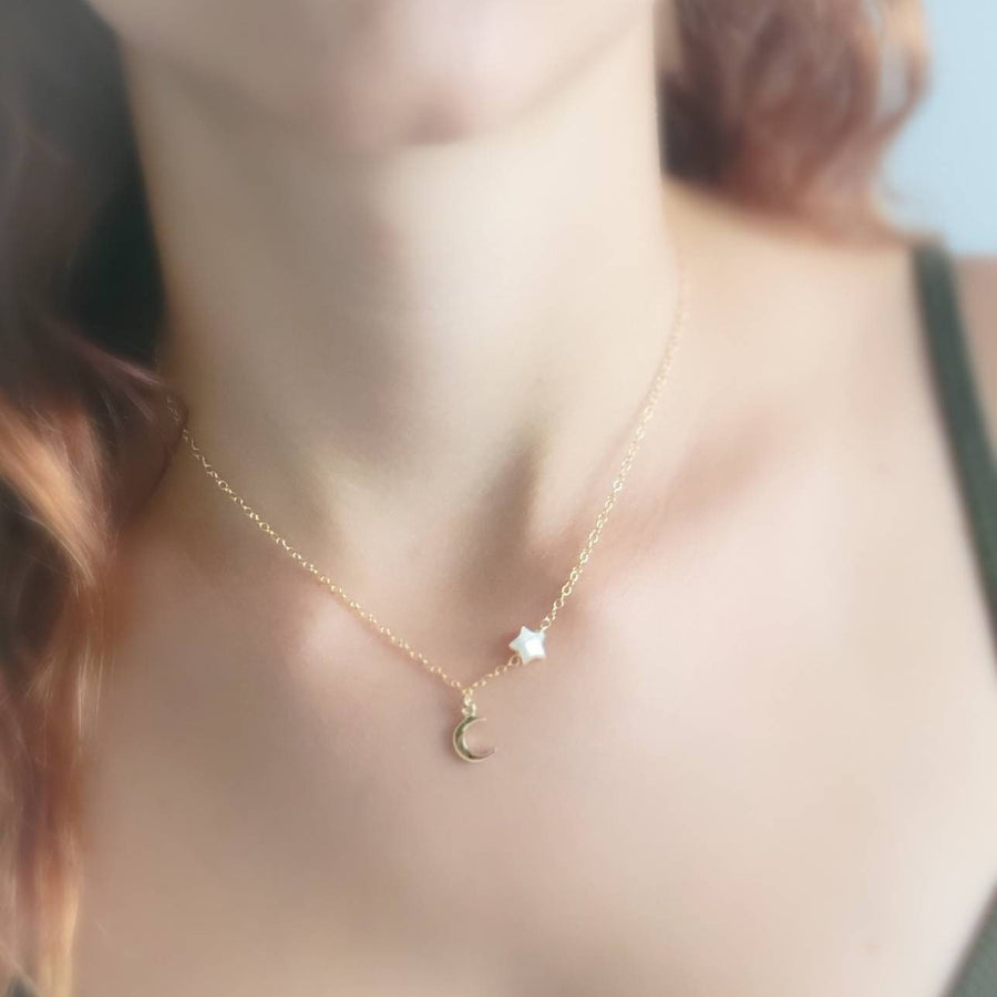 Tiny Crescent Moon & Star Necklace • Dainty Celestial Jewelry • North Star • Mother of Pearl Star • Symbol of Fertility • Gold Crescent Moon