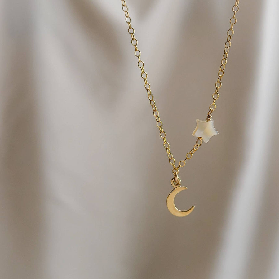 Tiny Crescent Moon & Star Necklace • Dainty Celestial Jewelry • North Star • Mother of Pearl Star • Symbol of Fertility • Gold Crescent Moon