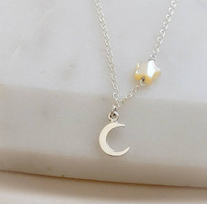 Tiny Crescent Moon & Star Necklace • Dainty Celestial Jewelry • North Star • Mother of Pearl Star • Symbol of Fertility • Gold Crescent Moon