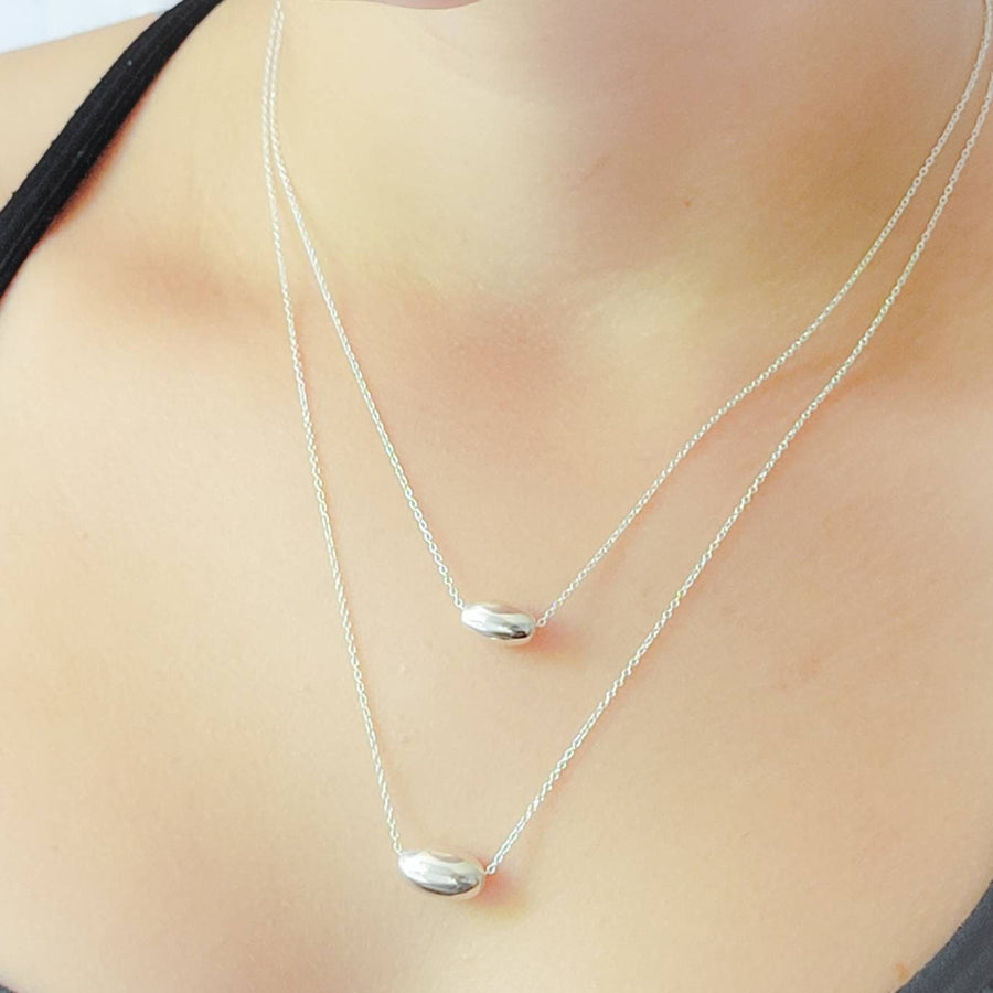 Modern Floating Bead Necklace • Single Sterling Silver Bead • Minimal Style • Layering Necklace • Oval Silver Bead • Gift For Her