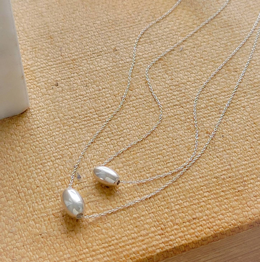 Modern Floating Bead Necklace • Single Sterling Silver Bead • Minimal Style • Layering Necklace • Oval Silver Bead • Gift For Her