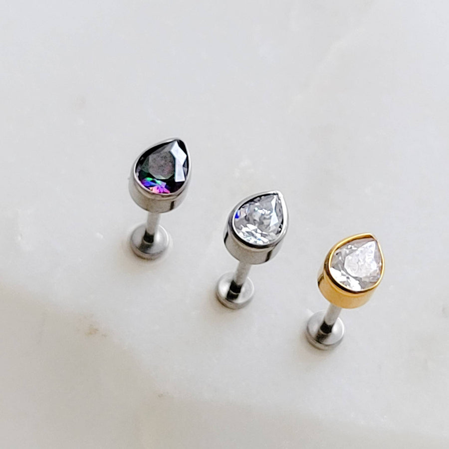 Teardrop Titanium Flat Back Studs • Threadless Push In Bezel Set Teardrop CZ • 20 Gauge • Tiny Comfort Studs • Nap Earrings • Ear Stack