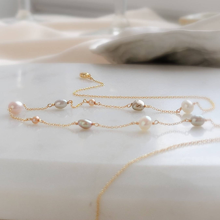 Multi Pearl Station Necklace • Mixed Pearls On A Delicate Chain • Dainty Colored Pearl necklace • Bridesmaid gift • Small Freshwater Pearls