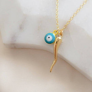 Italian Horn & Evil Eye Necklace • Protection Amulets • Dainty Layering Necklace • Gold Italian Horn • Lucky Charms • Waterproof Necklace