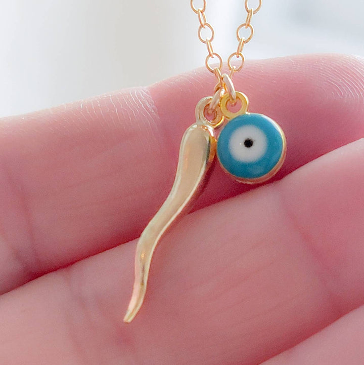 Italian Horn & Evil Eye Necklace • Protection Amulets • Dainty Layering Necklace • Gold Italian Horn • Lucky Charms • Waterproof Necklace