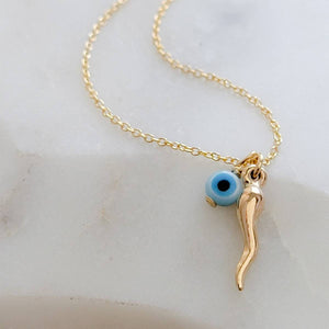 Tiny Italian Horn & Evil Eye Necklace • Good Luck Charms • Gold Italian Horn • Nazar Necklace • BFF Gift • Protection Amulets • Good Vibes